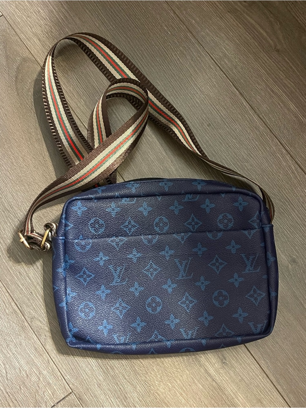 Faux Navy Monogram Crossbody Messenger Bag with Striped Strap